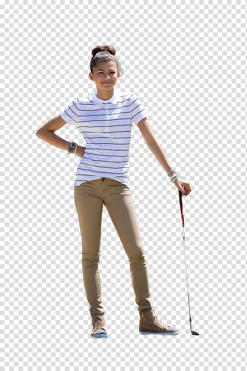 Zendaya Coleman, smiling woman wearing white and black striped polo shirt holding gray and black golf club transparent background PNG clipart
