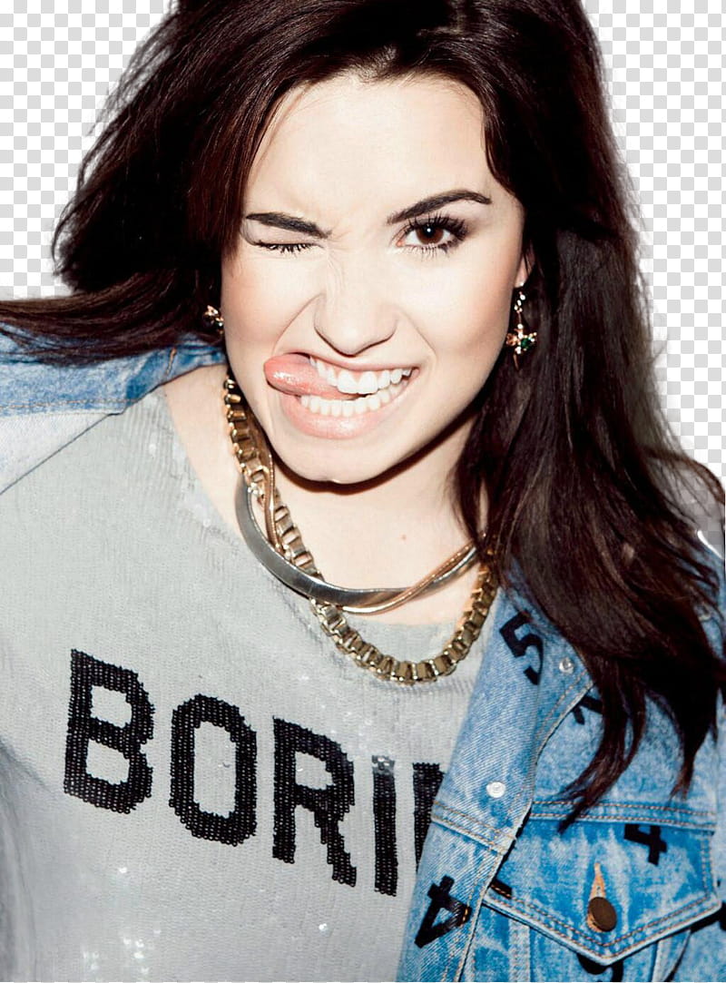 Demi Lovato Fiasco Magazine Cut Out , Demi Lovato in blue denim jacket transparent background PNG clipart