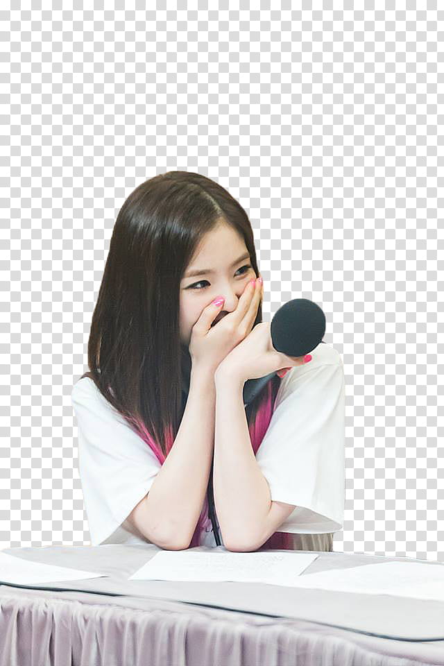 IRENE RED VELVET, woman covering mouth with right hand while holding microphone with left hand transparent background PNG clipart