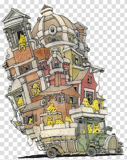 Doodle House s, yellow animal driving truck with building on its truck bed illustration transparent background PNG clipart