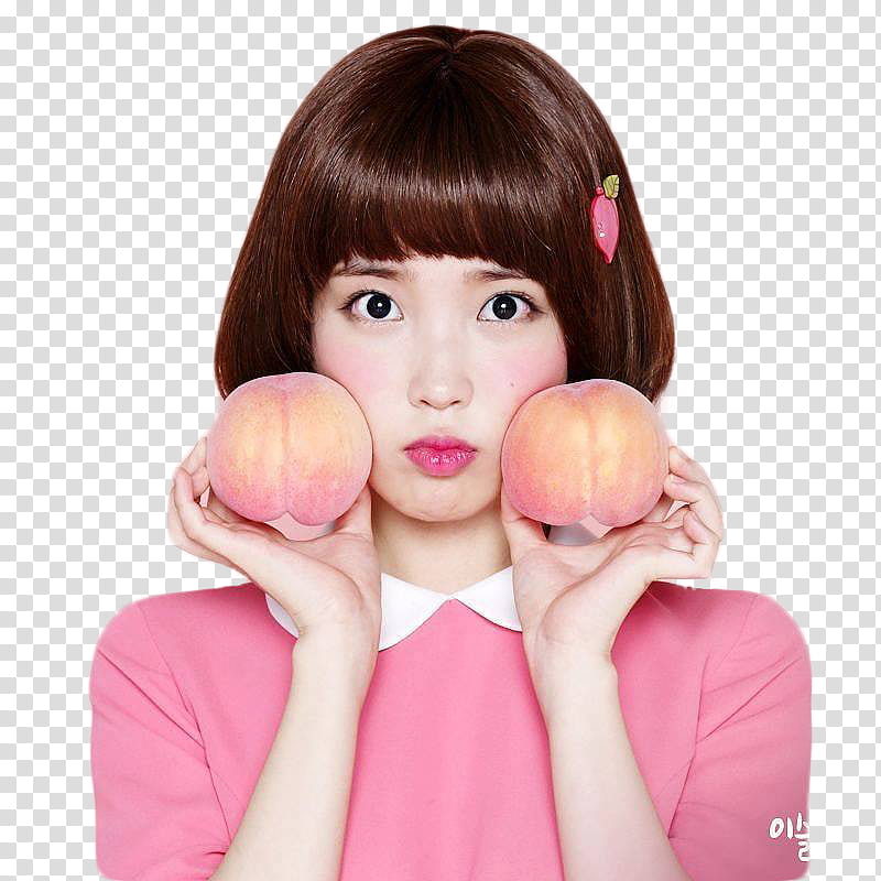 RENDER  S IU, woman wearing pink and white collared shirt while holding two round fruits transparent background PNG clipart
