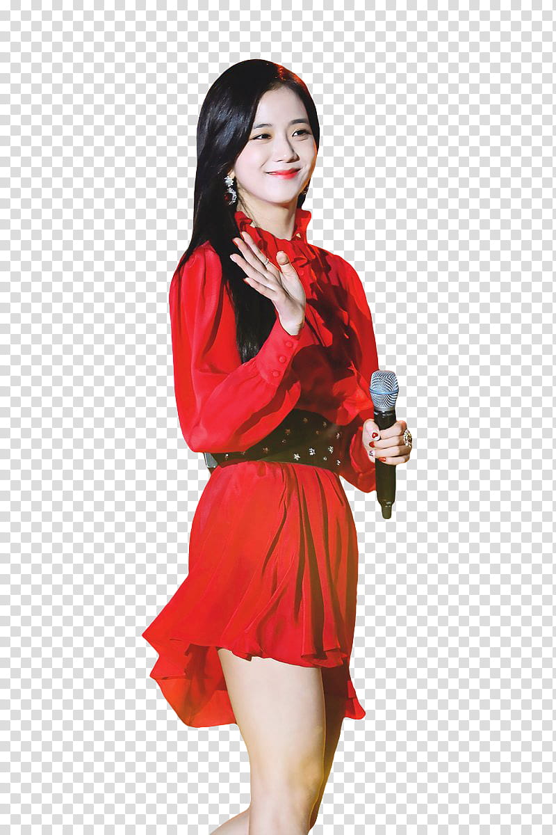 JISOO BLACKPINK, woman wearing red dress while holding microphone transparent background PNG clipart