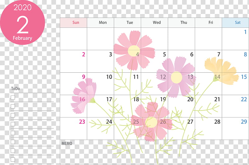 February 2020 Calendar February 2020 Printable Calendar 2020 Calendar, Pink, Text, Line, Petal, Circle, Plant, Magenta transparent background PNG clipart