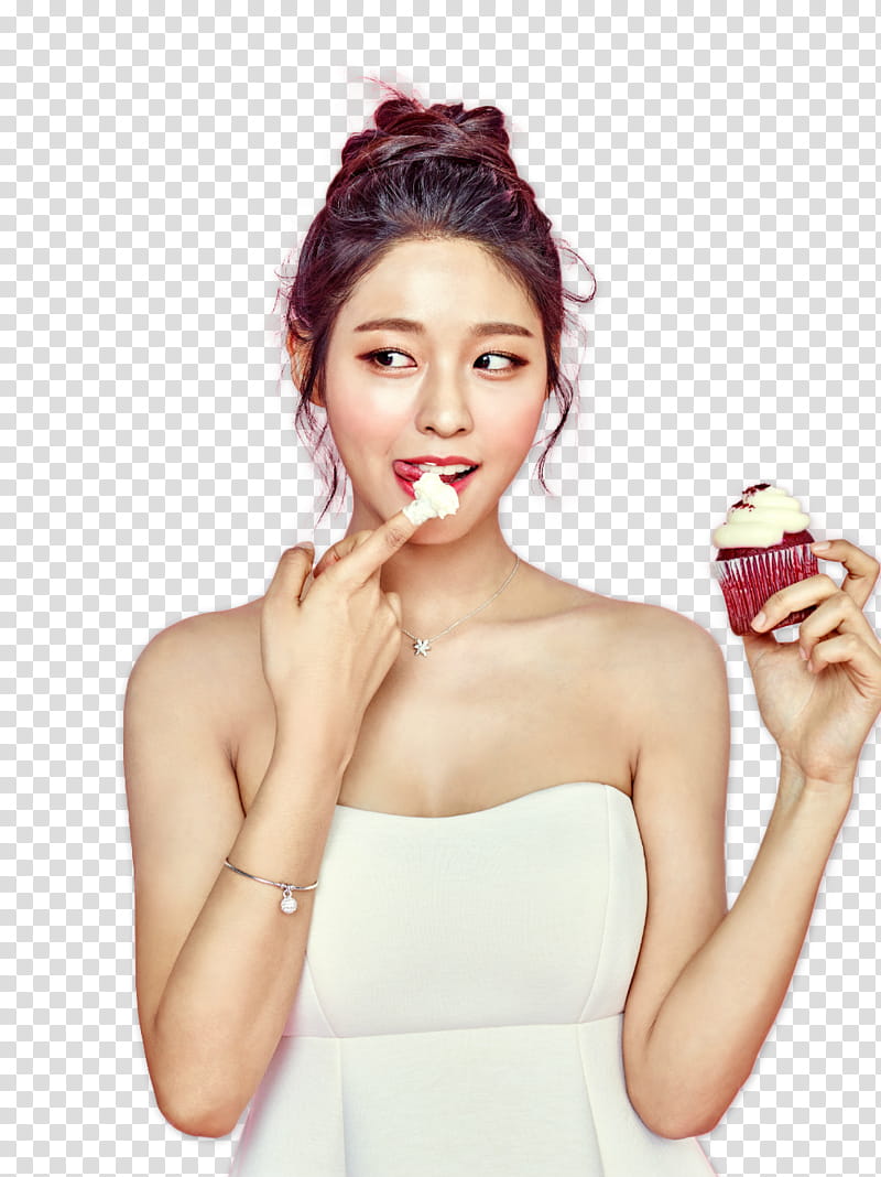 AOA Seolhyun GMarket P, woman leaking white cream and holding cupcake transparent background PNG clipart
