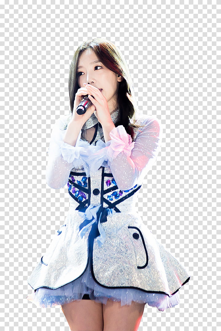 Taeyeon, singing woman in gray and blue long-sleeved dress transparent background PNG clipart