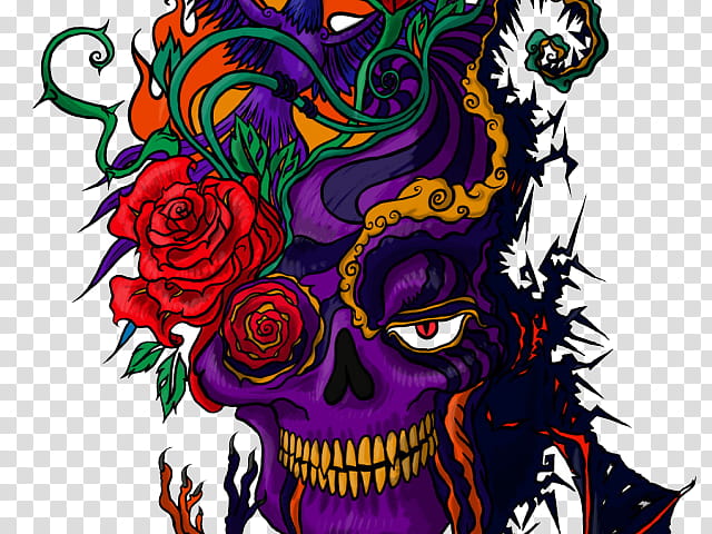 skull drawings with roses in color