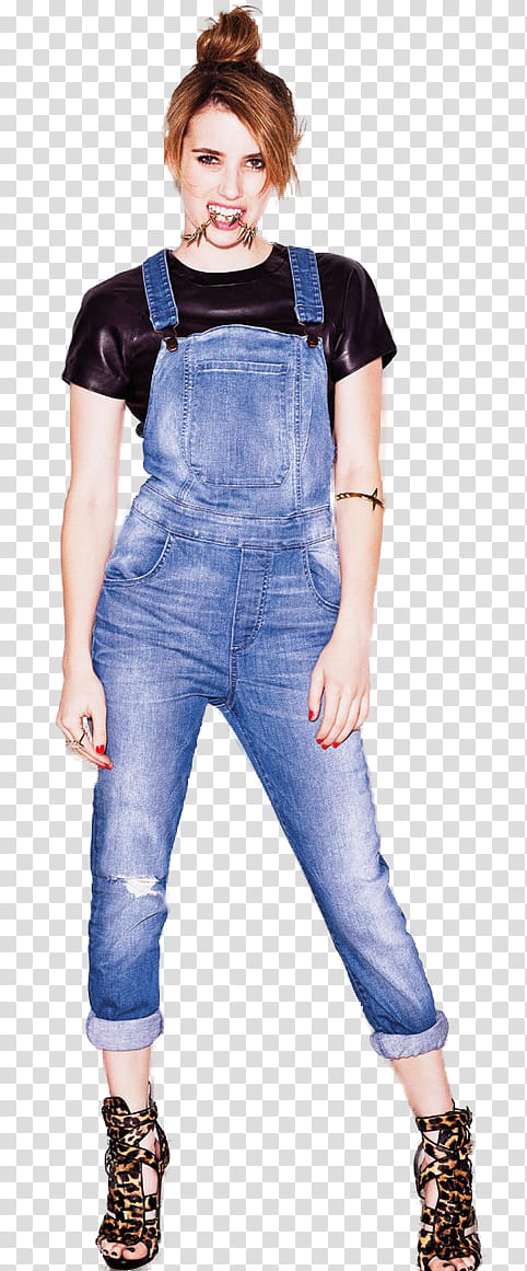 Mini , woman in blue denim dungaree posing for transparent background PNG clipart