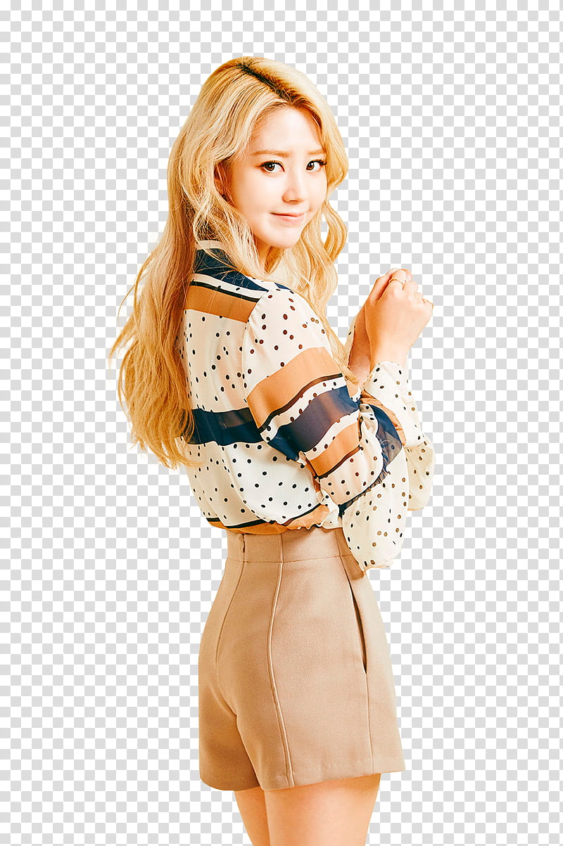 CHAE EUN, woman white and multicolored polka-dot long-sleeved top and brown shorts standing and smiling transparent background PNG clipart