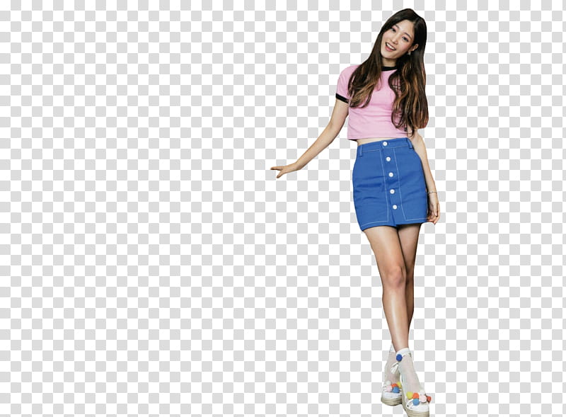 IOI , woman wearing pink crop top and blue denim skirt transparent background PNG clipart