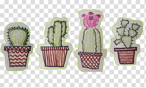 four cactus plants with pots artwork transparent background PNG clipart