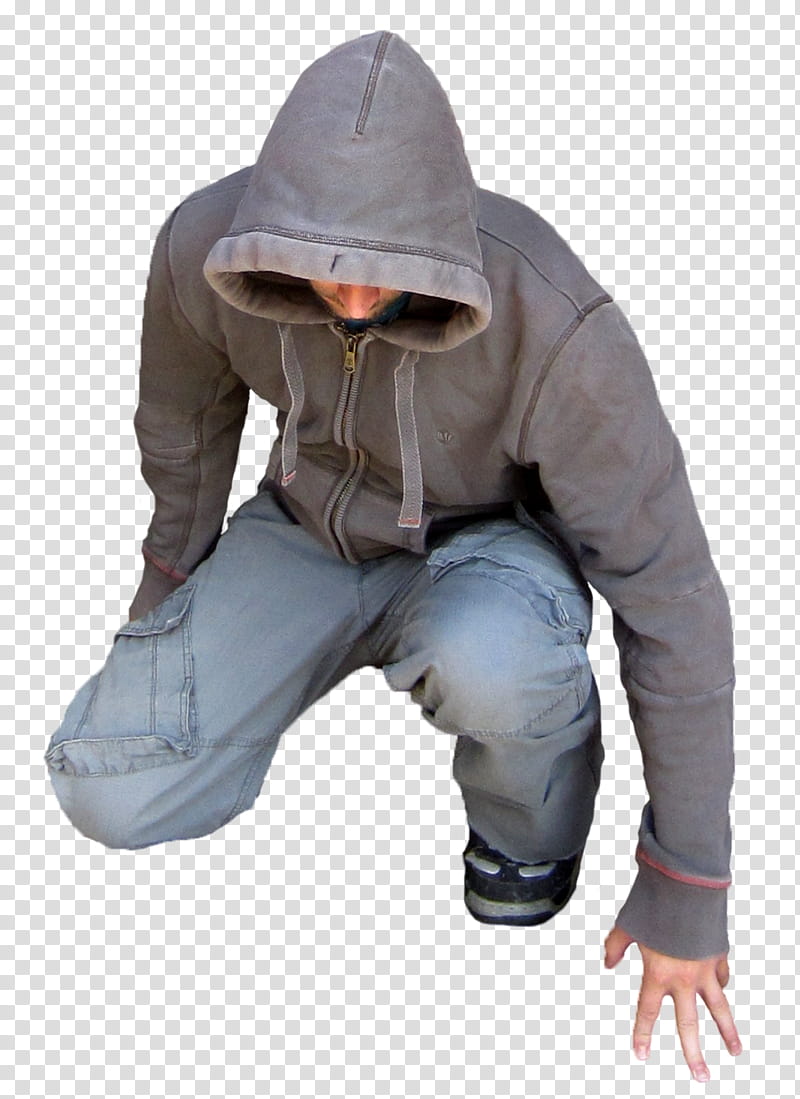 Crouching Man In Gray Hoodie And Pants Transparent Background Png