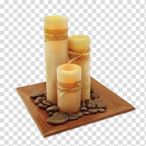 Velas Estilo Vintage, three cylinder candles on square wooden base transparent background PNG clipart