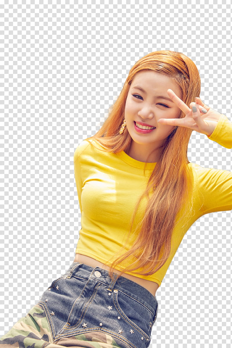 RENDER  G I DLE, blonde woman in yellow long sleeved shirt and blue denim skirt transparent background PNG clipart