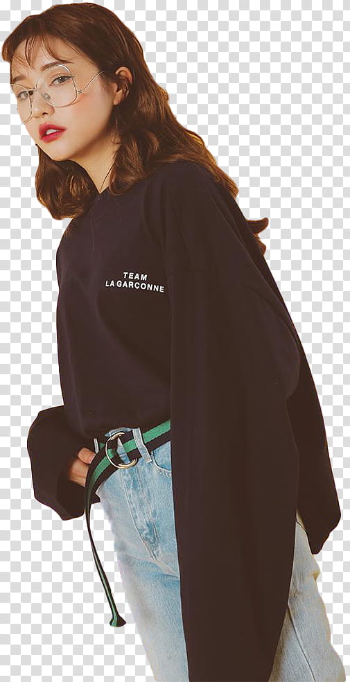 Park Sora Model STYLENANDA, woman in black long-sleeved shirt holding her belt transparent background PNG clipart