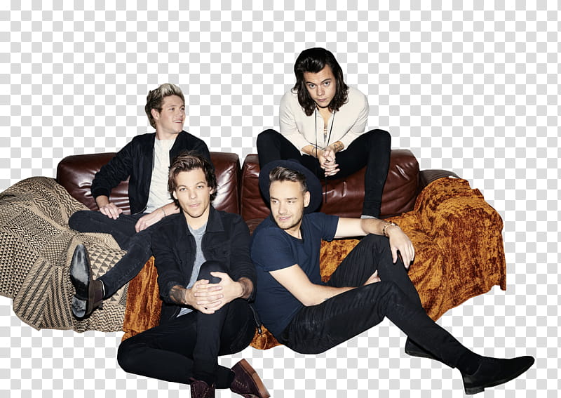 One Direction, four men sitting on sofa transparent background PNG clipart