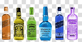 , six assorted-color labeled bottles transparent background PNG clipart