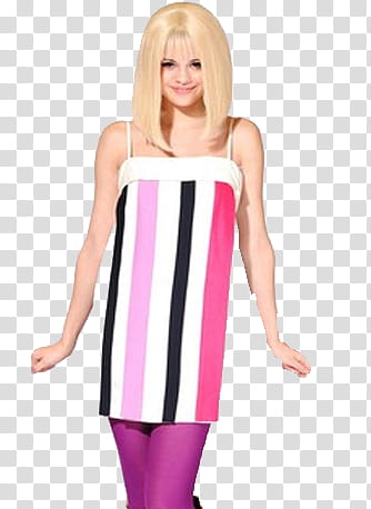 Selena Gomez, women's pink, black, and white pinstriped dress transparent background PNG clipart