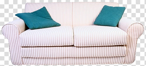 white corduroy loveseat and two blue throw pillows transparent background PNG clipart
