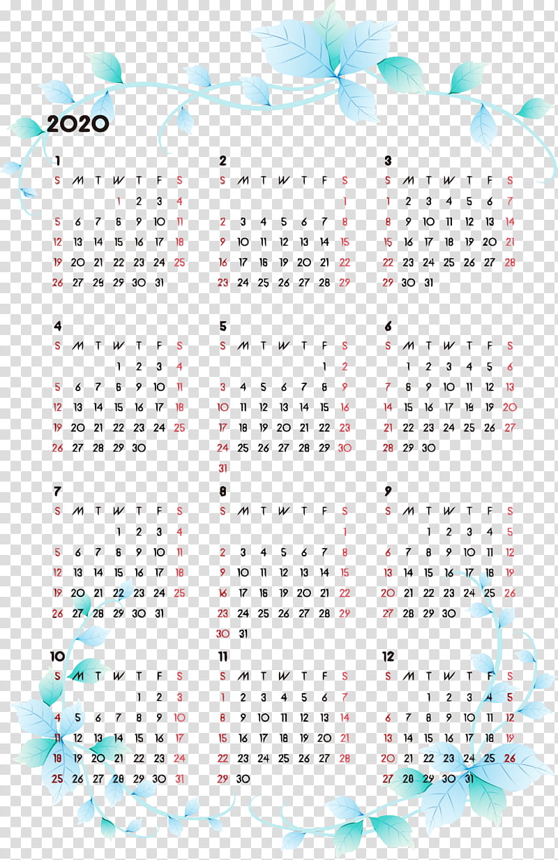 text calendar turquoise teal font, 2020 Printable Calendar, Watercolor, Paint, Wet Ink, Line transparent background PNG clipart