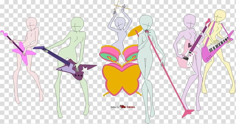 girl band base edit, five band females members with instrument transparent background PNG clipart