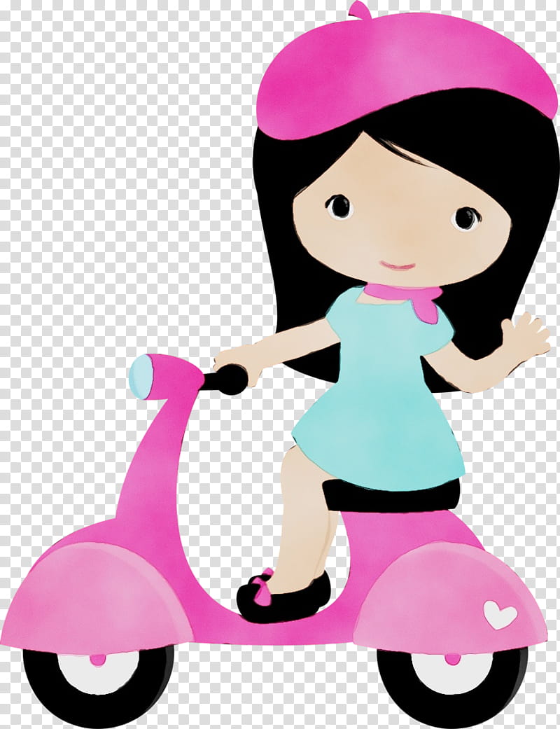 pink cartoon vehicle mode of transport, Watercolor, Paint, Wet Ink, Riding Toy, Scooter, Vespa, Wheel transparent background PNG clipart