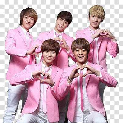 boy band in pink suit jacket showing heart hand gestures transparent background PNG clipart