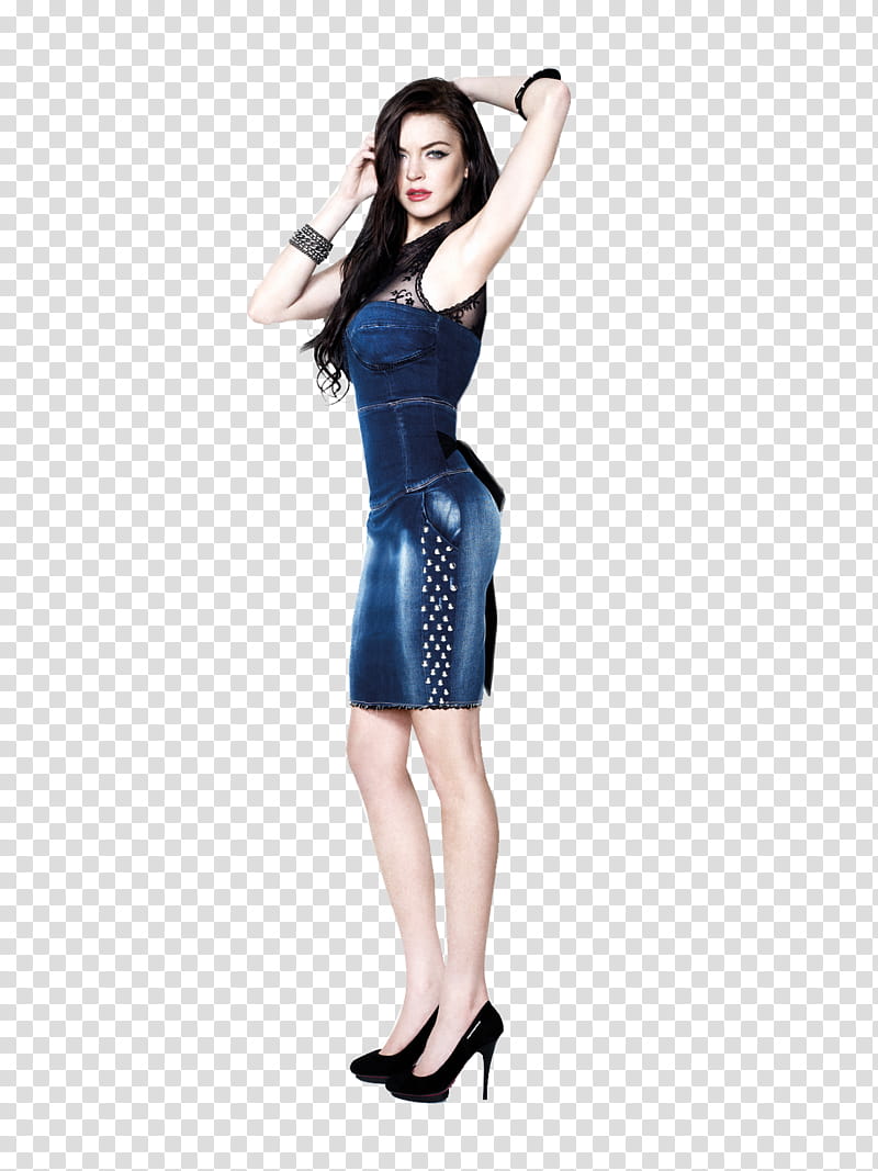 Lindsay Lohan, woman wearing blue denim sleeveless mini dress with hands on head transparent background PNG clipart
