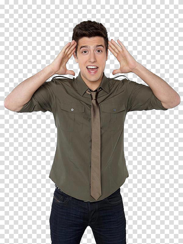 Logan Henderson HQ, man in grey button-up long-sleeved shirt holding up hands transparent background PNG clipart