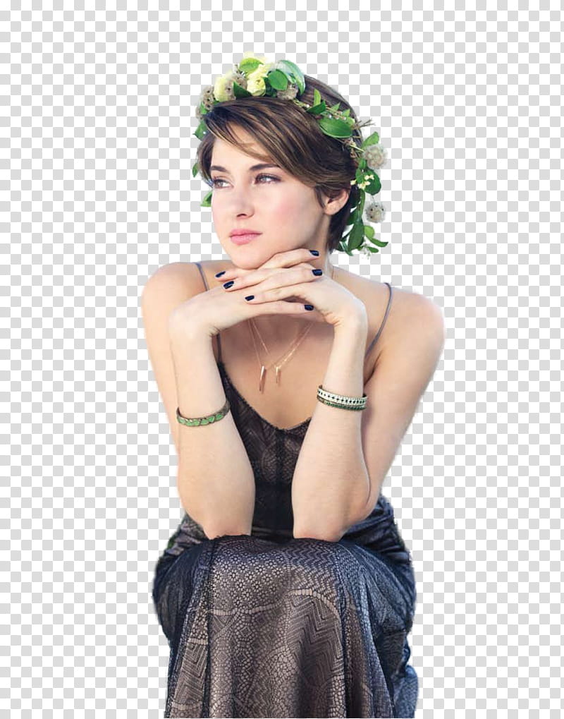 Shailene Woodley, woman wearing green leaf wreath with chin on her hands transparent background PNG clipart