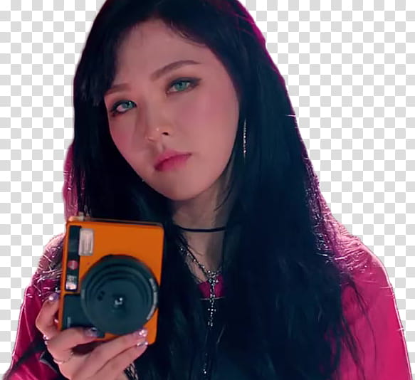 Red Velvet Bad Boy MV, Hyuna holding orange compact camera transparent background PNG clipart