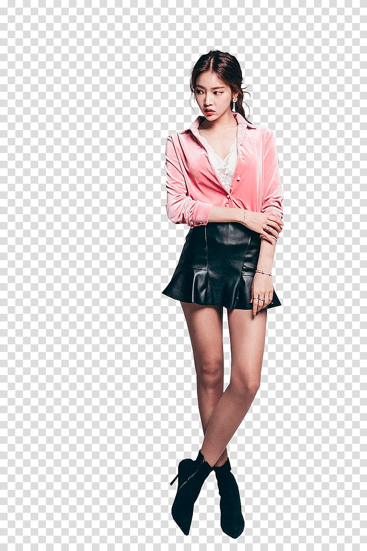 PARK JUNG YOON, woman wearing pink button-up long-sleeved shirt and black mini skirt transparent background PNG clipart