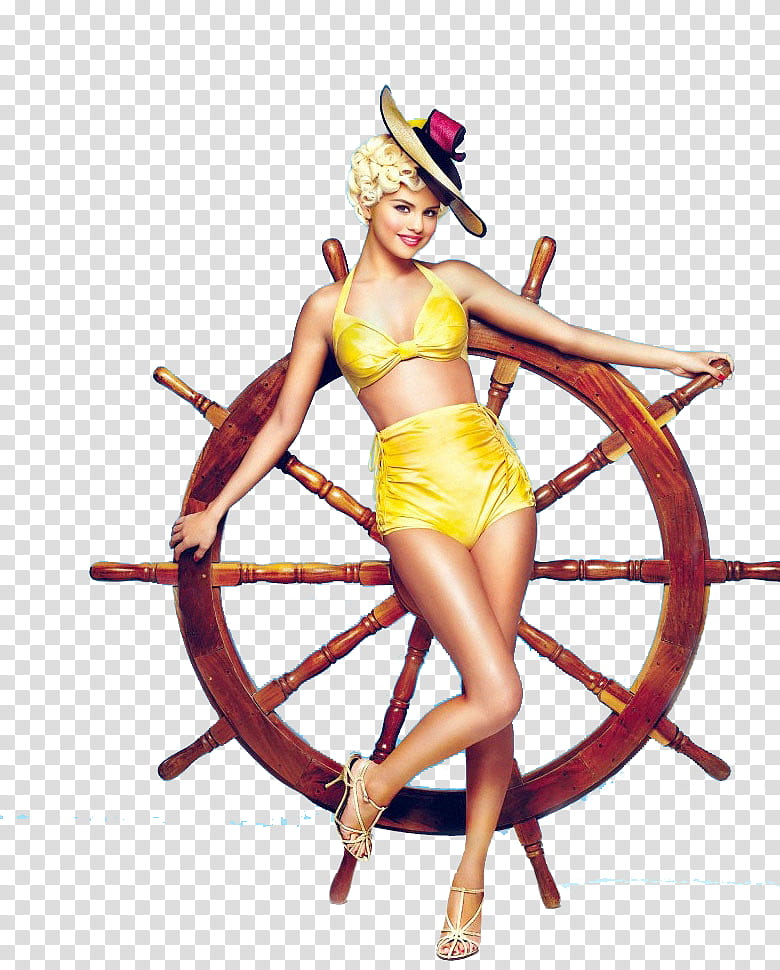 Selena Gomez , Selena Gomez holding brown wooden captain wheel transparent background PNG clipart