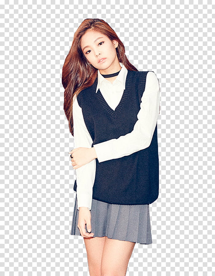 Black pink Jennie Kim, standing woman wearing blue and white shirt holding her arm transparent background PNG clipart