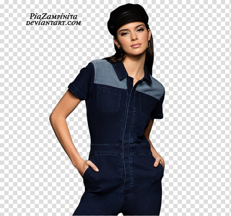 KENDALL JENNER , woman wearing denim coveralls transparent background PNG clipart