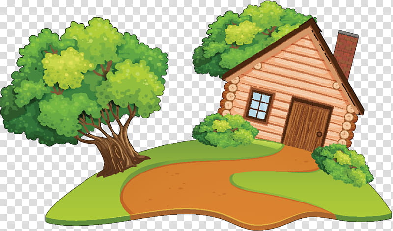 Green Grass, Tree, Natural Landscape, House, Cartoon, Rural Area, Home, Hut transparent background PNG clipart