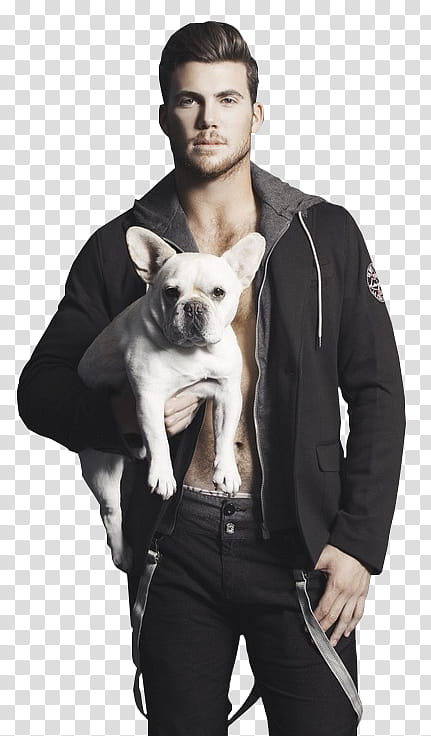 GUYS and DOGS ASSJAY, man carrying white French bulldog transparent background PNG clipart