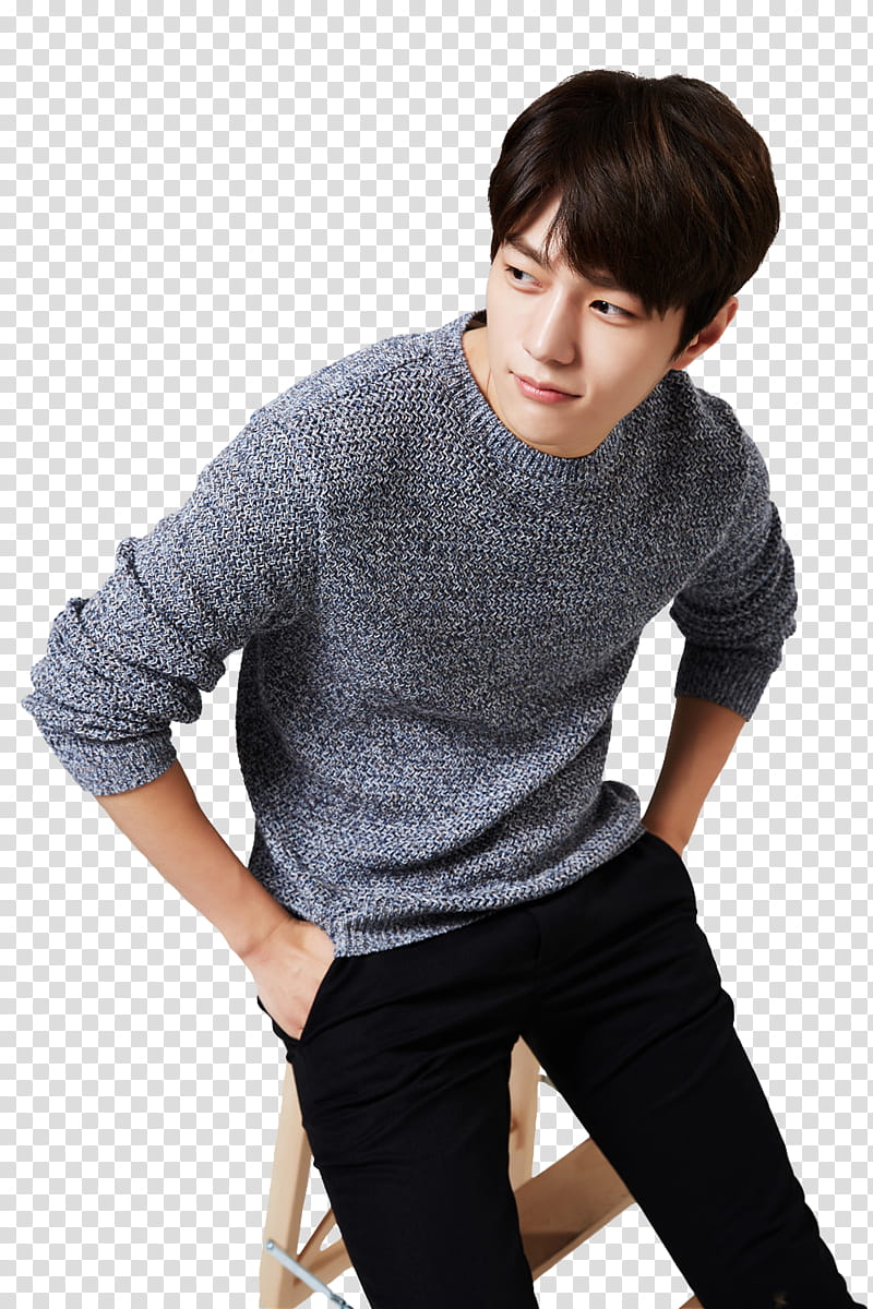 Kim Myung Soo infinite nichole, man sitting on brown stool with hands on pocket transparent background PNG clipart