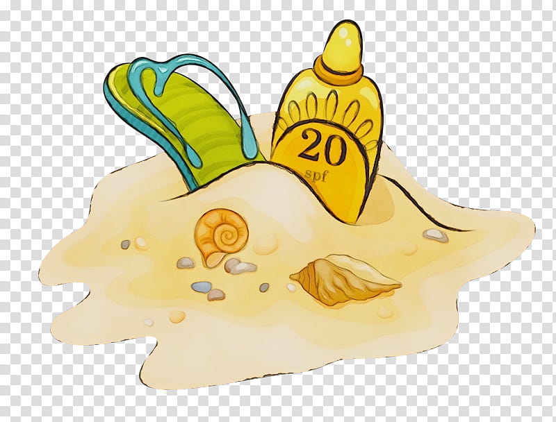 Beach Drawing Cartoon Bottle Sand, Watercolor, Paint, Wet Ink, Fruit, Yellow transparent background PNG clipart