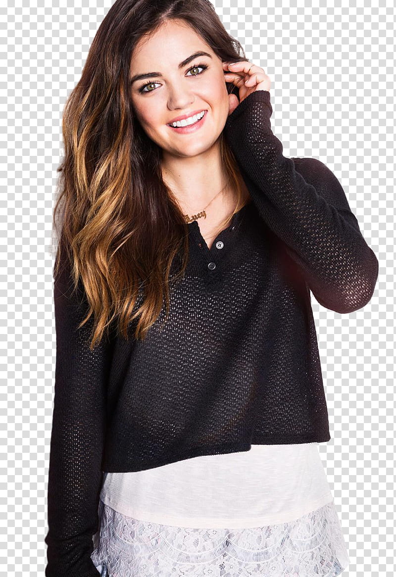 Lucy Hale, smiling woman wearing black long-sleeved shir transparent background PNG clipart