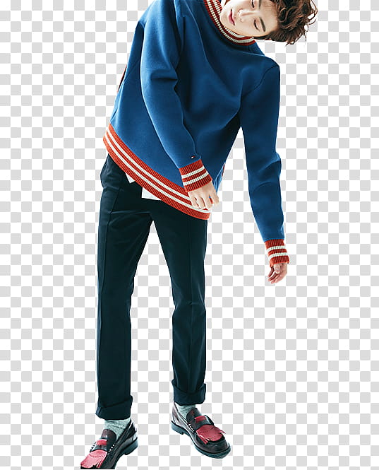 Jung Jaehyun Vogue Korea, man in blue and red sweater and gray pants standing while dropping body transparent background PNG clipart