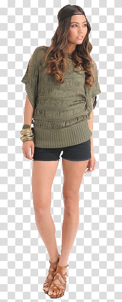 Preview of Model , standing woman in green shirt and black shorts transparent background PNG clipart