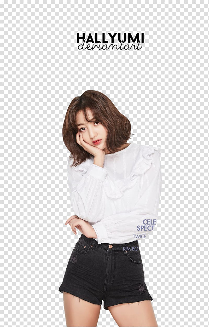 Jihyo, woman wearing white long-sleeved top holding chin transparent background PNG clipart