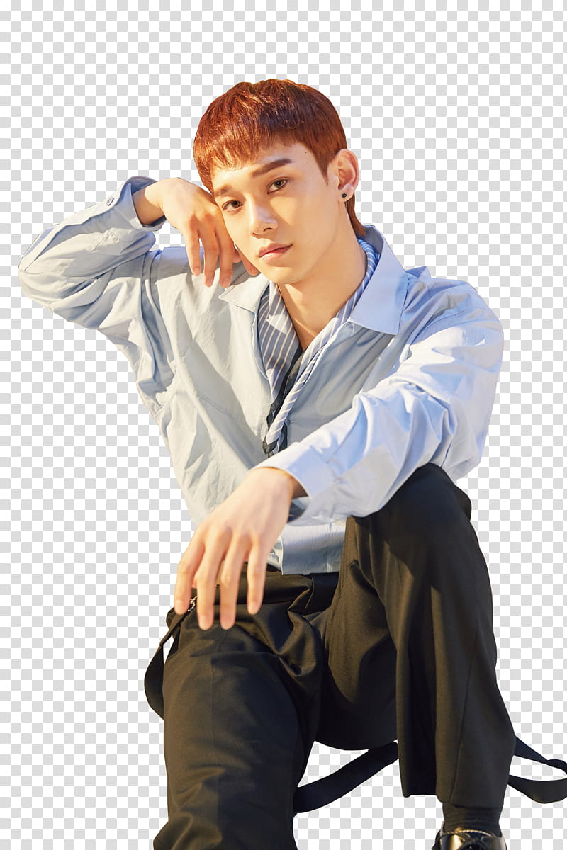 EXO CBX Blooming Days, man sitting wearing white dress shirt transparent background PNG clipart