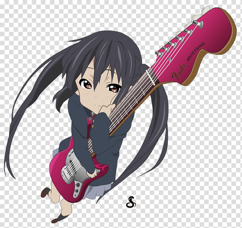 D drawing of an anime girl holding a bass guitar transparent background PNG clipart