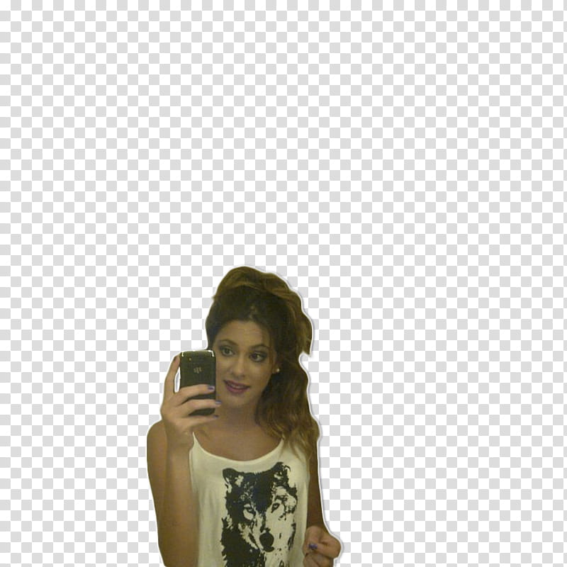 Martina Stoessel, woman wearing white wolf graphic print top using smartphone transparent background PNG clipart