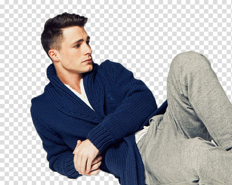 COLTON HAYNES, man in blue cardigan reclining transparent background PNG clipart