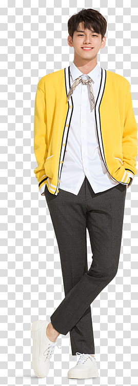 WANNA ONE X Ivy Club P, smiling man in yellow and white cardigan and black dress pants with both hands on pocket transparent background PNG clipart