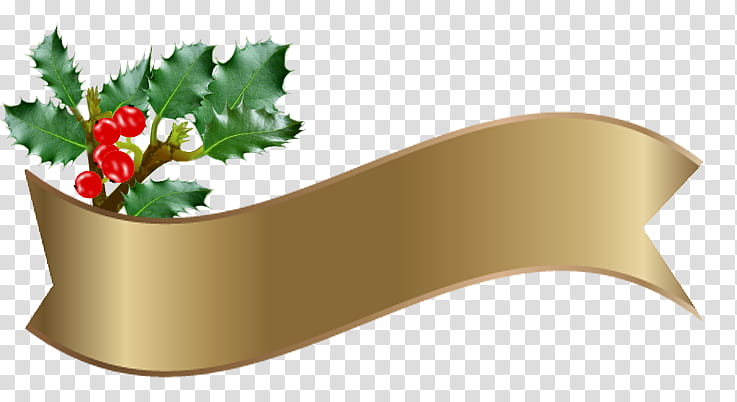 Christmas stickers, gold-colored ribbon and green leaf transparent background PNG clipart