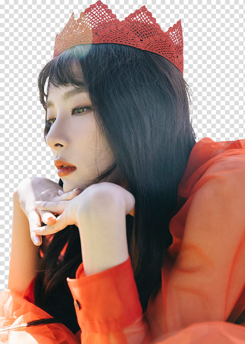 RED VELVET Perfect Velvet, Red Velvet Seulgi wearing red crown resting chin on hands transparent background PNG clipart