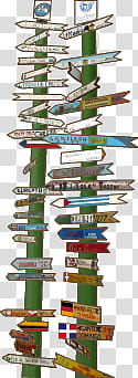 Travel scape, green and multicolored road signage art transparent background PNG clipart